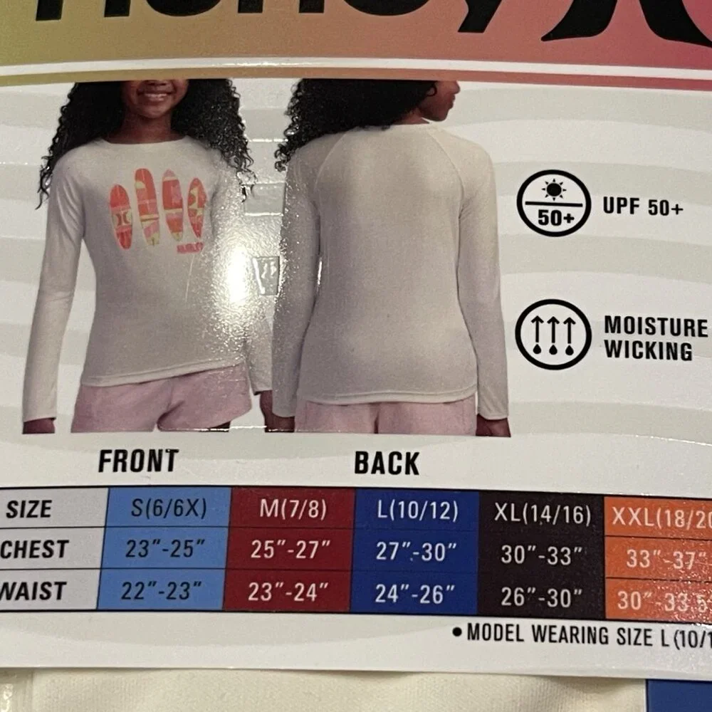 Hurley Girls Long Sleeve UPF Swim Top. Size Large (10-12). New.H20-DRI technol